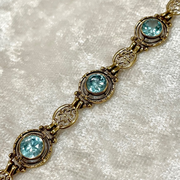 Vintage Art Deco 10K Solid Gold Natural Blue Zircon 5cts Fancy Link Bracelet - Picture 7 of 13